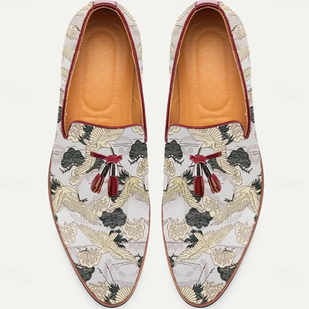 Men's Floral Jacquard Slip-On Loafers with Tassel Detail - Premium Embroidered Shoes for Semi-Formal and Casual Outings