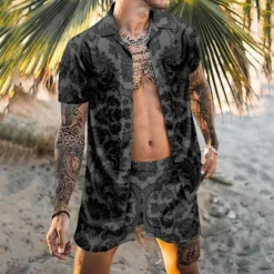 Men's Floral 2pcs Shirts Sets Summer Hawaiian Shirt Short Sleeve Short Pants Turndown Tropical Fashion Hawaiian Casual Holiday Beach Print Summer Spring Black Blue Khaki