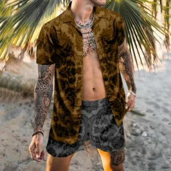 Men's Floral 2pcs Shirts Sets Summer Hawaiian Shirt Short Sleeve Short Pants Turndown Tropical Fashion Hawaiian Casual Holiday Beach Print Summer Spring Black Blue Khaki