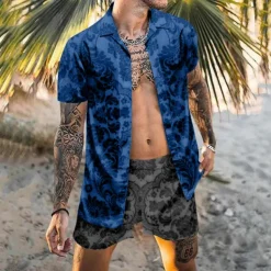 Men's Floral 2pcs Shirts Sets Summer Hawaiian Shirt Short Sleeve Short Pants Turndown Tropical Fashion Hawaiian Casual Holiday Beach Print Summer Spring Black Blue Khaki