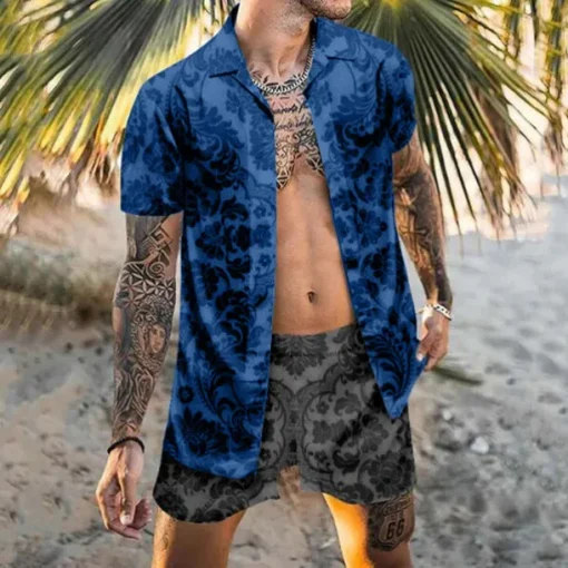 Men's Floral 2pcs Shirts Sets Summer Hawaiian Shirt Short Sleeve Short Pants Turndown Tropical Fashion Hawaiian Casual Holiday Beach Print Summer Spring Black Blue Khaki
