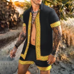 Men's Floral 2pcs Shirts Sets Summer Hawaiian Shirt Short Sleeve Short Pants Turndown Fashion Hawaiian Casual Outdoor Vacation Beach 3D Print Button-Down Summer Spring Gold + Black Black Yellow