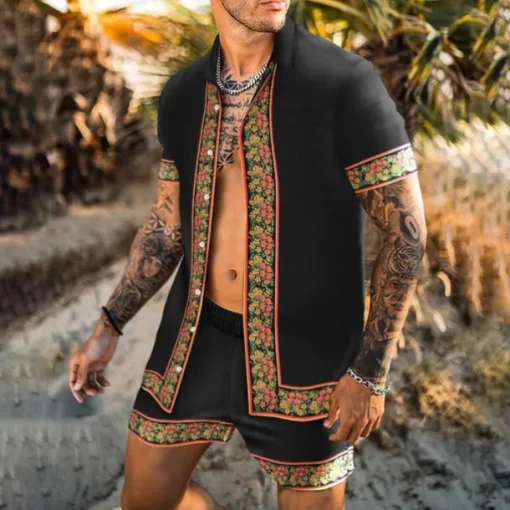 Men's Floral 2pcs Shirts Sets Summer Hawaiian Shirt Short Sleeve Short Pants Turndown Fashion Hawaiian Casual Outdoor Vacation Beach 3D Print Button-Down Summer Spring Gold + Black Black Yellow