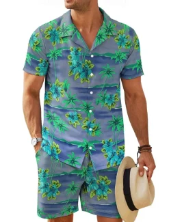 Men's Floral 2pcs Shirts Sets Summer Tops Short Sleeve Short Pants Turndown Vacation Home Casual Daily 3D Print Summer Robin's Egg Blue Light Green Green