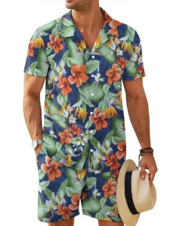 Men's Floral 2pcs Shirts Sets Summer Tops Short Sleeve Short Pants Turndown Vacation Home Casual Daily 3D Print Summer Robin's Egg Blue Light Green Green