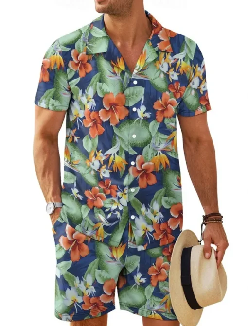 Men's Floral 2pcs Shirts Sets Summer Tops Short Sleeve Short Pants Turndown Vacation Home Casual Daily 3D Print Summer Robin's Egg Blue Light Green Green