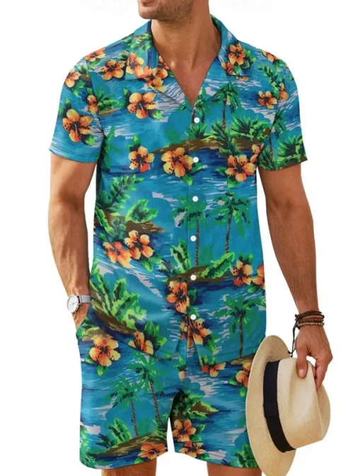Men's Floral 2pcs Shirts Sets Summer Tops Short Sleeve Short Pants Turndown Vacation Home Casual Daily 3D Print Summer Robin's Egg Blue Light Green Green