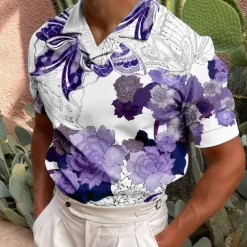 Men's Floral Polo Shirts Hawaiian Polo Shirts Golf Shirt Short Sleeve Shirt Turndown Casual Daily 3D Print Blue Purple Brown Green Print Button-Down Clothing Apparel Fashion Designer Casual Breathable