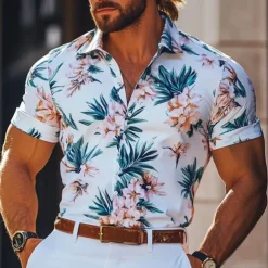 Men's Floral Print Flowers Summer Hawaiian Shirt Button Up Shirt Aloha Shirt Short Sleeve Hawaiian Resort Vacation Holiday Beach Wear Summer Spring Turndown Collared Shirts White