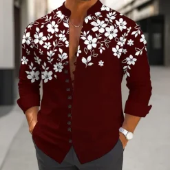 Men's Floral Print Flowers Shirt Stand Collar Shirt Long Sleeve Casual Vacation Daily Wear Going out Spring Fall Mandarin Collar Band Collar Button-Down Linen Like Shirt Wine Dark Green Dark Blue Gray