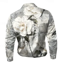 Men's Floral Print Flowers Satin Shirt Dress Shirt Button Up Shirt Long Sleeve Fashion Casual Vacation Evening Party Wedding Party Summer Spring Turndown Collared Shirts 3D Print Gray