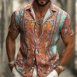 Men's Floral Print Indian Boho Shirt Summer Hawaiian Shirt Button Up Shirt Short Sleeve Hawaiian Vacation Holiday Beach Wear Summer Spring Turndown 3D Print Collared Shirts Blue Orange