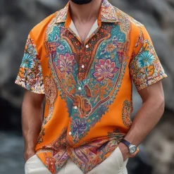 Men's Floral Print Indian Boho Shirt Summer Hawaiian Shirt Button Up Shirt Short Sleeve Hawaiian Vacation Holiday Beach Wear Summer Spring Turndown 3D Print Collared Shirts Blue Orange