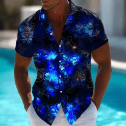Men's Floral Print Neon Glow Flowers Summer Hawaiian Shirt Button Up Shirt Aloha Shirt Short Sleeve Hawaiian Vacation Beach Wear Summer Spring Turndown 3D Print Collared Shirts Black 1 Black