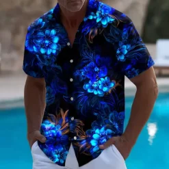 Men's Floral Print Neon Glow Flowers Summer Hawaiian Shirt Button Up Shirt Aloha Shirt Short Sleeve Hawaiian Vacation Beach Wear Summer Spring Turndown 3D Print Collared Shirts Black 1 Black