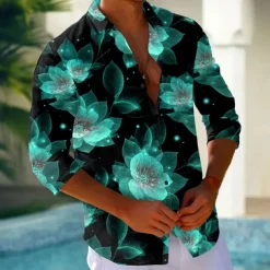 Men's Floral Print Neon Glow Flowers Shirt Button Up Shirt Long Sleeve Fashion Casual Holiday Streetwear Summer Spring Turndown 3D Print Collared Shirts Light Green Blue Purple Green
