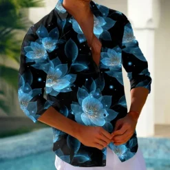 Men's Floral Print Neon Glow Flowers Shirt Button Up Shirt Long Sleeve Fashion Casual Holiday Streetwear Summer Spring Turndown 3D Print Collared Shirts Light Green Blue Purple Green