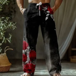 Men's Floral Print Rose Flowers Trousers Baggy Pants Casual Pants Mid Waist Retro Vintage Outdoor Vacation Holiday Side Pockets Elastic Waist Wide Leg Summer Spring 3D Print Red Blue Purple