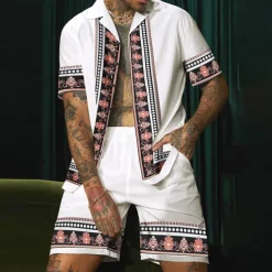 Men's Floral Print Totem Ethnic 2pcs Shirts Sets Summer Hawaiian Shirt Short Sleeve Short Pants Cuban Collar Fashion Streetwear Hawaiian Outdoor Street Daily Print Summer Spring White