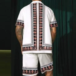 Men's Floral Print Totem Ethnic 2pcs Shirts Sets Summer Hawaiian Shirt Short Sleeve Short Pants Cuban Collar Fashion Streetwear Hawaiian Outdoor Street Daily Print Summer Spring White