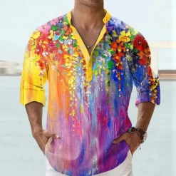 Men's Floral Shirt Button Up Shirt Long Sleeve Fashion Streetwear Designer Daily Going out Summer Spring Fall Stand Collar Print Yellow Blue Purple Green