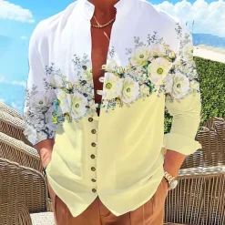 Men's Floral Shirt Button Up Shirt Long Sleeve Fashion Streetwear Designer Outdoor Casual Daily Summer Spring Fall Stand Collar Print Yellow Pink Purple Green Gray