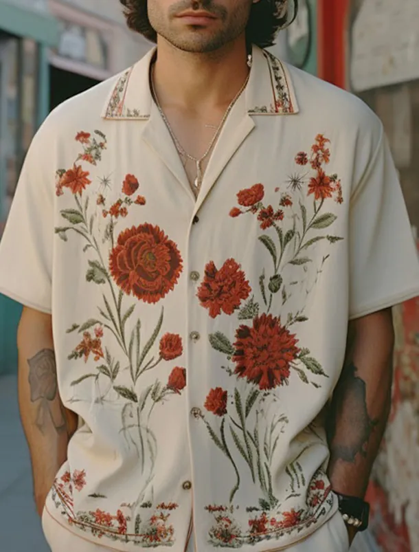 Men's Floral Shirt Button Up Shirt Short Sleeve Sports Fashion Streetwear Outdoor Casual Holiday Summer Spring Cuban Collar Print White Yellow Wine Red