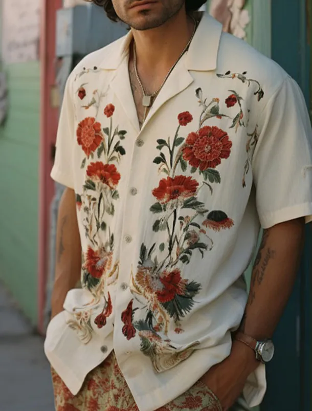 Men's Floral Shirt Button Up Shirt Short Sleeve Sports Fashion Streetwear Outdoor Casual Holiday Summer Spring Cuban Collar Print White Yellow Wine Red