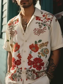 Men's Floral Shirt Button Up Shirt Short Sleeve Sports Fashion Streetwear Outdoor Casual Holiday Summer Spring Cuban Collar Print White Yellow Wine Red