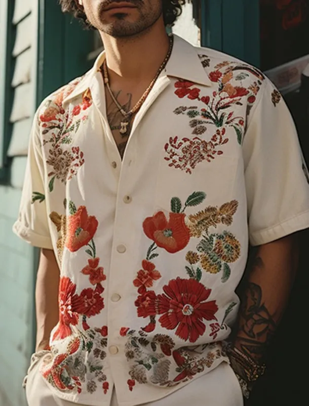 Men's Floral Shirt Button Up Shirt Short Sleeve Sports Fashion Streetwear Outdoor Casual Holiday Summer Spring Cuban Collar Print White Yellow Wine Red