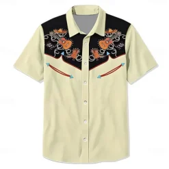 Men's Floral Shirt Western Shirt Button Up Shirt Short Sleeve Western Style Vacation Holiday Daily Wear Summer Turndown Khaki