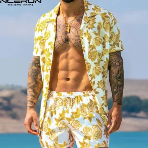 Men's Floral Tribal 2pcs Shirts Sets Summer Hawaiian Shirt Short Sleeve Short Pants Cuban Collar Tropical Fashion Hawaiian Street Casual Hawaiian Print Summer Spring White Yellow Fuchsia