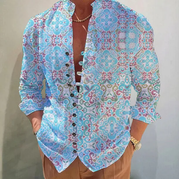 Men's Floral Tribal Vintage Shirt Boho Shirt Button Up Shirt Long Sleeve Fashion Designer Casual Outdoor Vacation Casual Fall Autumn / Fall Spring & Summer Stand Collar Print Red Blue Purple Green