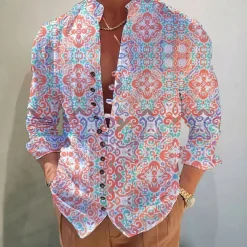 Men's Floral Tribal Vintage Shirt Boho Shirt Button Up Shirt Long Sleeve Fashion Designer Casual Outdoor Vacation Casual Fall Autumn / Fall Spring & Summer Stand Collar Print Red Blue Purple Green