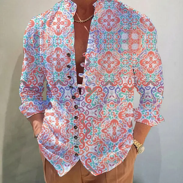 Men's Floral Tribal Vintage Shirt Boho Shirt Button Up Shirt Long Sleeve Fashion Designer Casual Outdoor Vacation Casual Fall Autumn / Fall Spring & Summer Stand Collar Print Red Blue Purple Green
