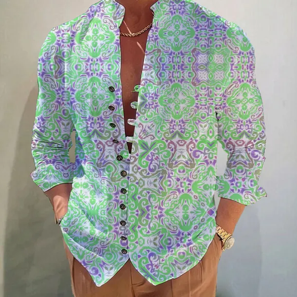 Men's Floral Tribal Vintage Shirt Boho Shirt Button Up Shirt Long Sleeve Fashion Designer Casual Outdoor Vacation Casual Fall Autumn / Fall Spring & Summer Stand Collar Print Red Blue Purple Green