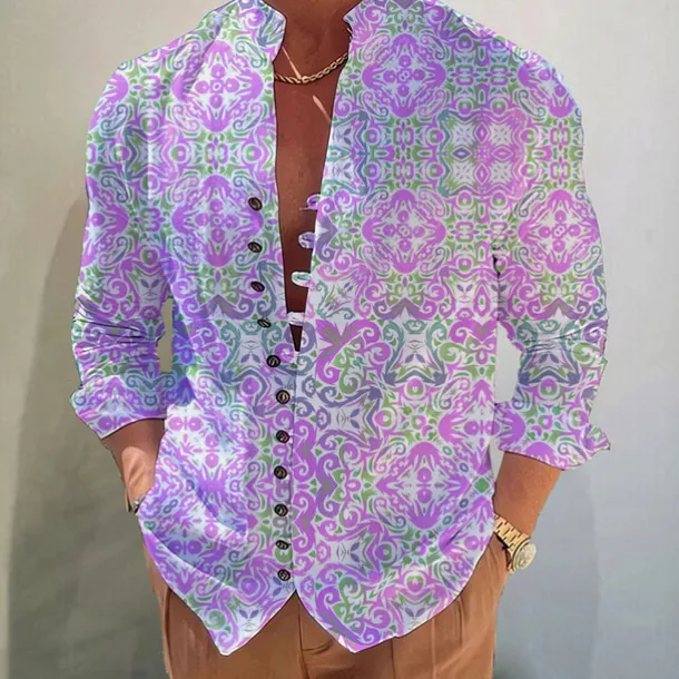 Men's Floral Tribal Vintage Shirt Boho Shirt Button Up Shirt Long Sleeve Fashion Designer Casual Outdoor Vacation Casual Fall Autumn / Fall Spring & Summer Stand Collar Print Red Blue Purple Green