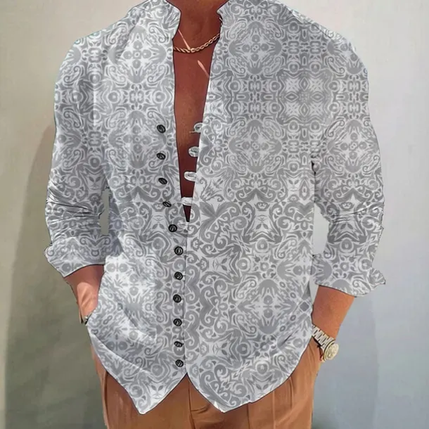 Men's Floral Tribal Vintage Shirt Boho Shirt Button Up Shirt Long Sleeve Fashion Designer Casual Outdoor Vacation Casual Fall Autumn / Fall Spring & Summer Stand Collar Print Red Blue Purple Green