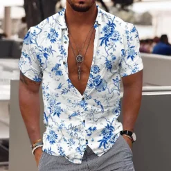 Men's Floral Tropical Flowers Leaves Shirt Summer Hawaiian Shirt Aloha Shirt Short Sleeves Shirt Turndown Fashion Designer Casual Outdoor Street Casual Yellow Light Green Blue 3D Print S M L