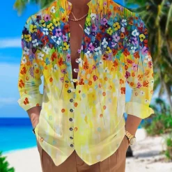 Men's Floral Tropical Flowers Shirt Summer Hawaiian Shirt Aloha Shirt Long Sleeve Shirt Stand Collar Fashion Streetwear Designer Outdoor Street Casual Yellow Pink Blue S M L