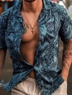 Men's Floral Tropical Plants Shirt Summer Shirt Casual Shirt Short Sleeve Shirt Camp Collar Fashion Casual Comfortable Vacation Street Daily Blue Green Dark Grey S M L