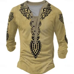Men's Folk Henley Shirt Long Sleeve 3D Printing Ethnic Tribal Casual Holiday Winter Spring & Fall Yellow Gray Henley Henley T-Shirt