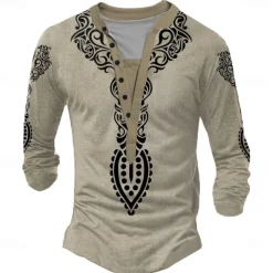 Men's Folk Henley Shirt Long Sleeve 3D Printing Ethnic Tribal Casual Holiday Winter Spring & Fall Yellow Gray Henley Henley T-Shirt