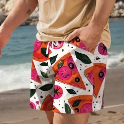 Men's Food Graphic Prints Pizza Swim Trunks Swim Shorts Board Shorts Mid Waist Vacation Hawaiian Holiday Vacation Holiday Beach Drawstring with Mesh lining Elastic Waist Designer Clothing Apparel