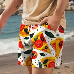 Men's Food Graphic Prints Pizza Swim Trunks Swim Shorts Board Shorts Mid Waist Vacation Hawaiian Holiday Vacation Holiday Beach Drawstring with Mesh lining Elastic Waist Designer Clothing Apparel