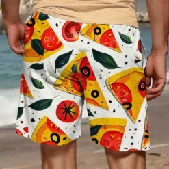 Men's Food Graphic Prints Pizza Swim Trunks Swim Shorts Board Shorts Mid Waist Vacation Hawaiian Holiday Vacation Holiday Beach Drawstring with Mesh lining Elastic Waist Designer Clothing Apparel