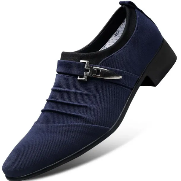 Men's Formal Dress Shoes with Metal Buckle - Elegant Slip-On Loafers in Navy Blue for Weddings & Business Attire