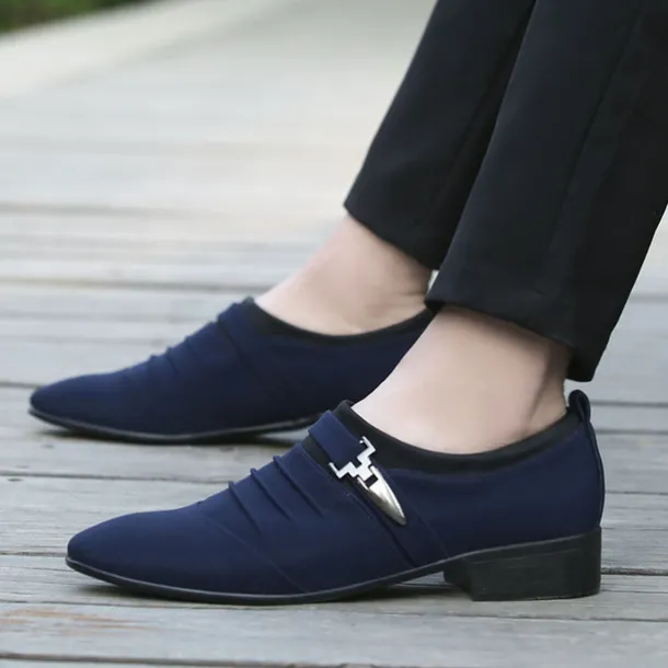 Men's Formal Dress Shoes with Metal Buckle - Elegant Slip-On Loafers in Navy Blue for Weddings & Business Attire
