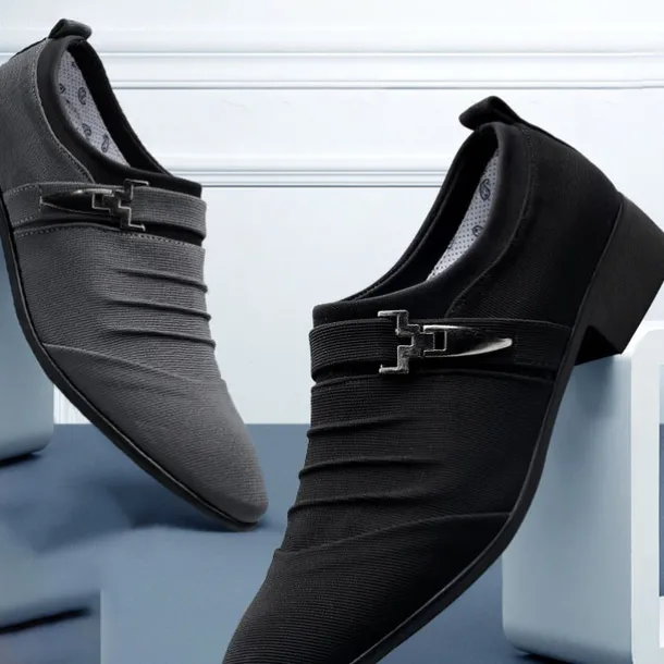 Men's Formal Dress Shoes with Metal Buckle - Elegant Slip-On Loafers in Navy Blue for Weddings & Business Attire