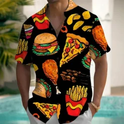 Men's Fruit Food Hamburger Summer Hawaiian Shirt Button Up Shirt Aloha Shirt Short Sleeve Hawaiian Holiday Beach Wear Summer Spring Turndown 3D Print Collared Shirts Front One Pocket Black Orange